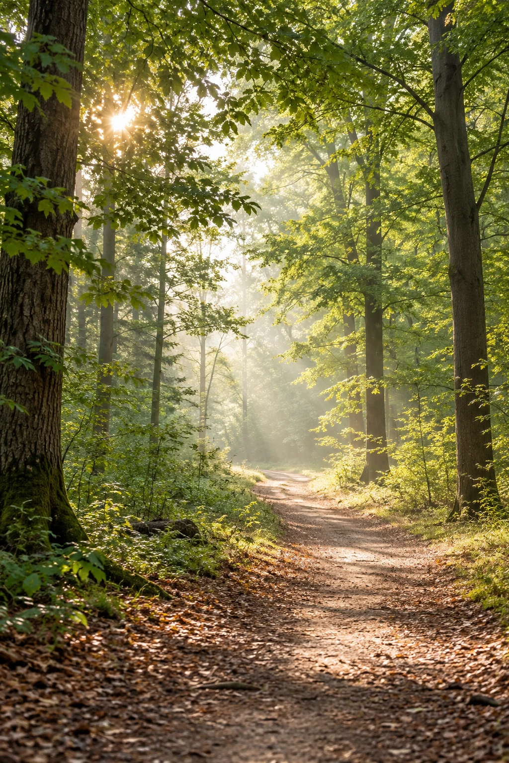 Een rustig bospad tussen groene bomen in zacht ochtendlicht